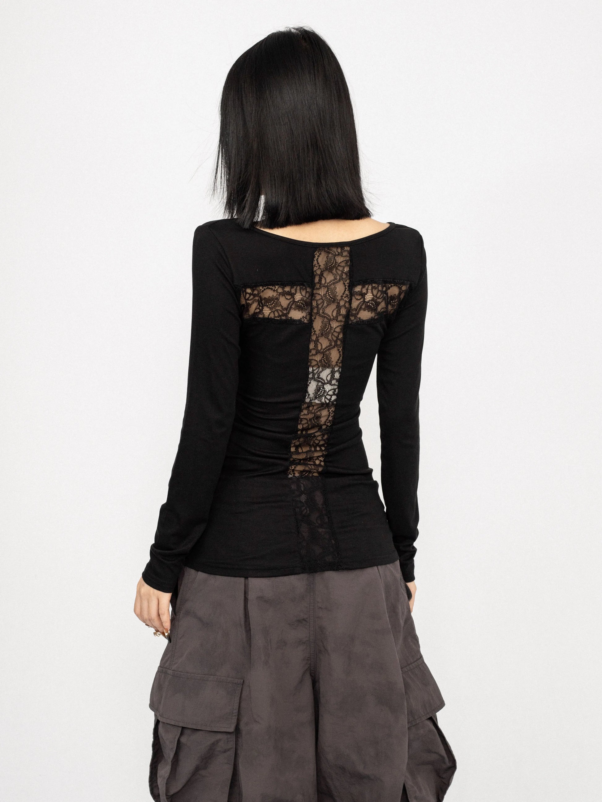 ’Lace Cross' Hot Girl Sexy Autumn Layering Tee Cross Back Lace Slim-Fit Long Sleeve Top AlielNosirrah