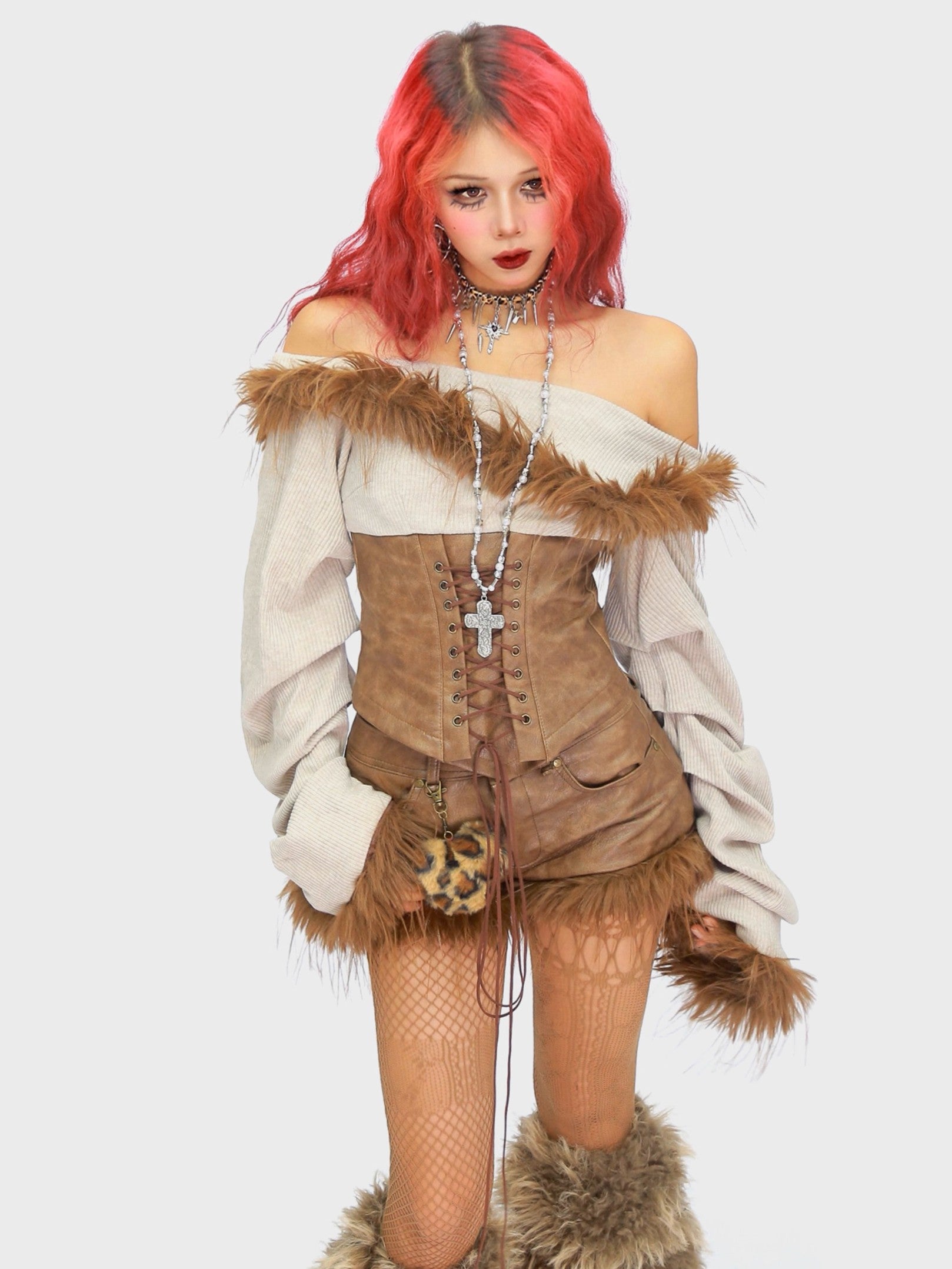 ’Wild Heart' Y2K Faux Fur Off-Shoulder Long Sleeve Top + Shorts Set (Copy) AlielNosirrah