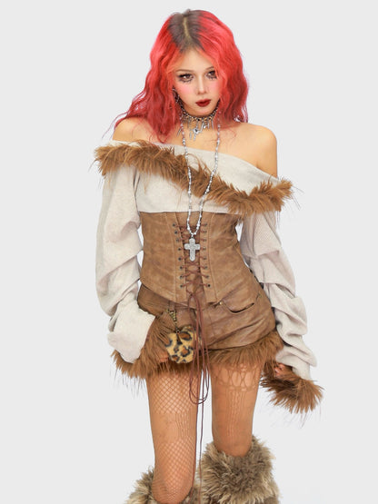 ’Wild Heart' Y2K Faux Fur Off-Shoulder Long Sleeve Top + Shorts Set (Copy) AlielNosirrah