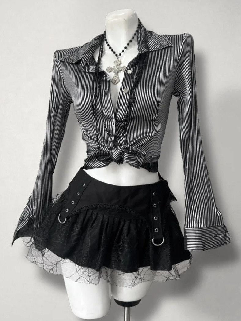 ’Sweet Entwine' Lace Patchwork Bow-Tie Blouse & Mini Skirt Set AlielNosirrah