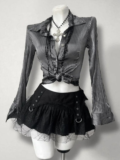 ’Sweet Entwine' Lace Patchwork Bow-Tie Blouse & Mini Skirt Set AlielNosirrah