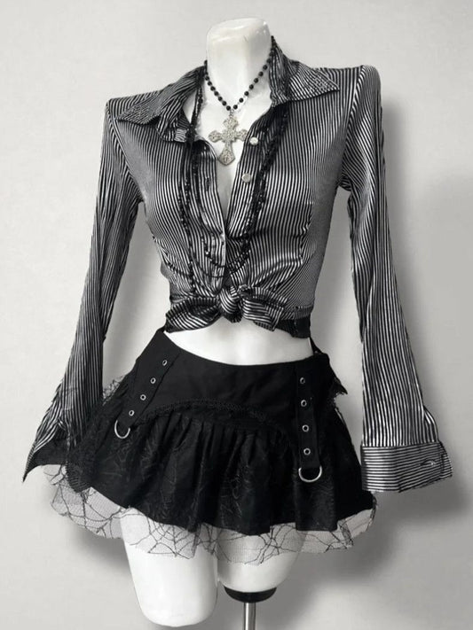 ’Sweet Entwine' Lace Patchwork Bow-Tie Blouse & Mini Skirt Set AlielNosirrah