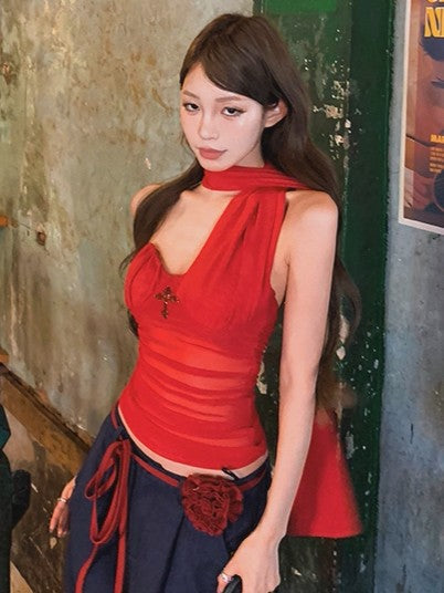 'Dazzling Summer' Mesh Halter Scarf Tube Built-In Padding Top AlielNosirrah