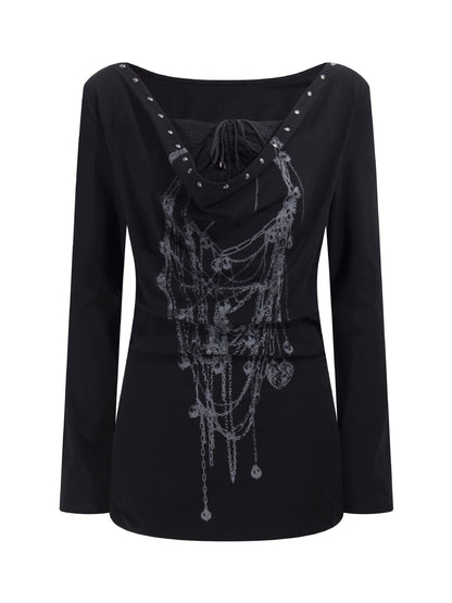 ’Kiss Chain' Faux-Layered Lace Trim Chain-Print Slim Fit Long Sleeve Top AlielNosirrah