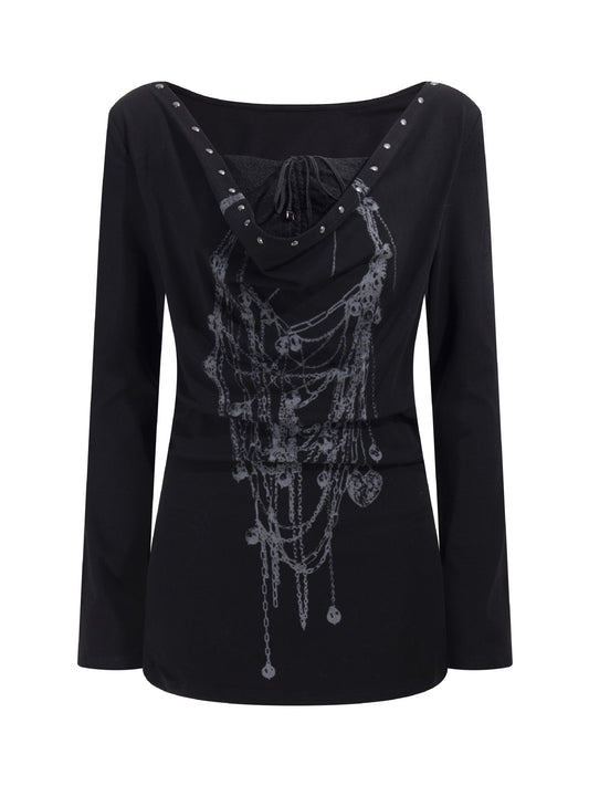 ’Kiss Chain' Faux-Layered Lace Trim Chain-Print Slim Fit Long Sleeve Top AlielNosirrah