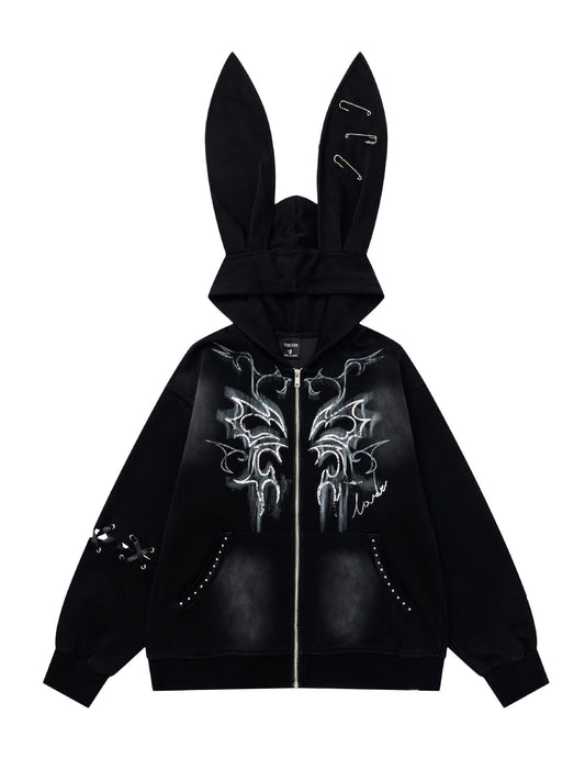 'Pin-Up Bunny' Retro Babe Bunny-Ear Zipped Oversized  Hoodie (Copy) AlielNosirrah