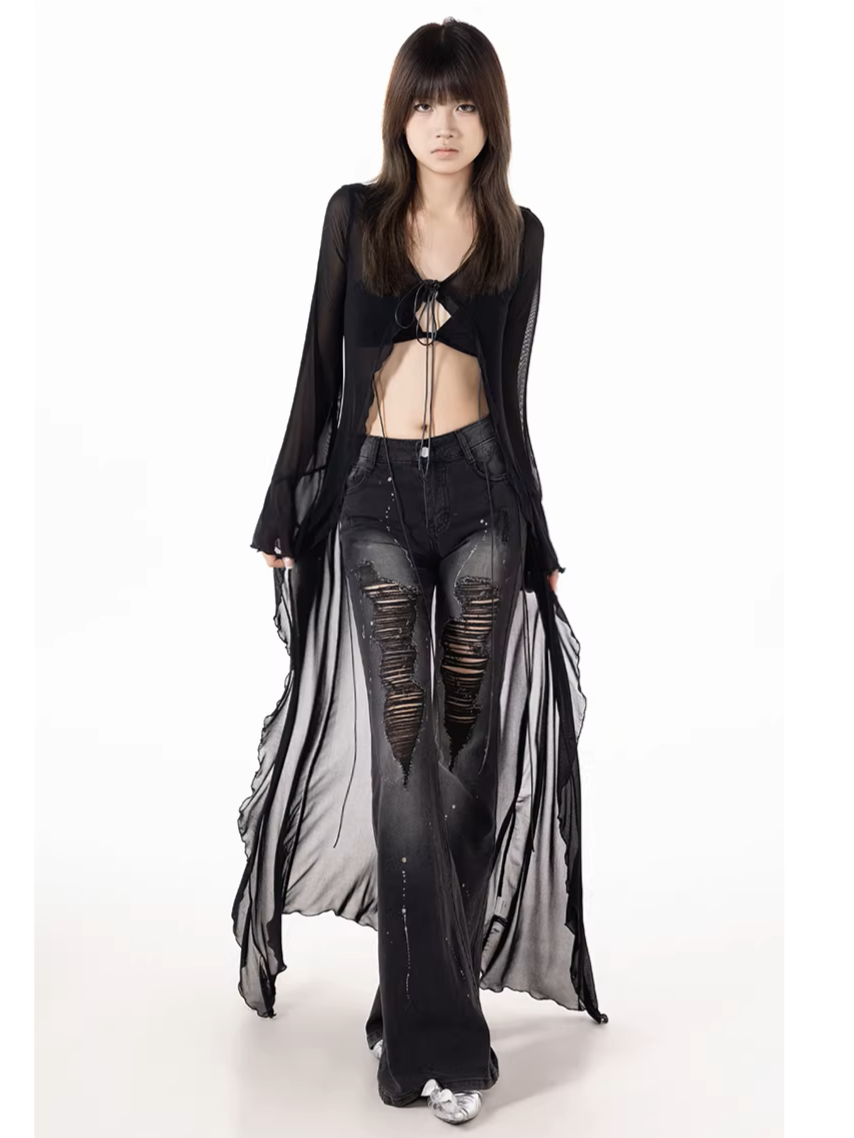 'Mistline' Tie-Up Sheer Mesh Longline Cardigan AlielNosirrah