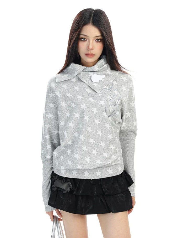 'Star Era' Allover Star Print Asymmetrical Long Sleeve Top AlielNosirrah