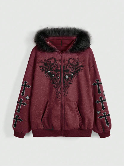 'Snow Angel' Detachable Fur Collar Leopard Print Zip-Up Hoodie (Copy) AlielNosirrah