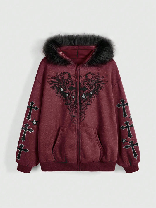 'Snow Angel' Detachable Fur Collar Leopard Print Zip-Up Hoodie (Copy) AlielNosirrah