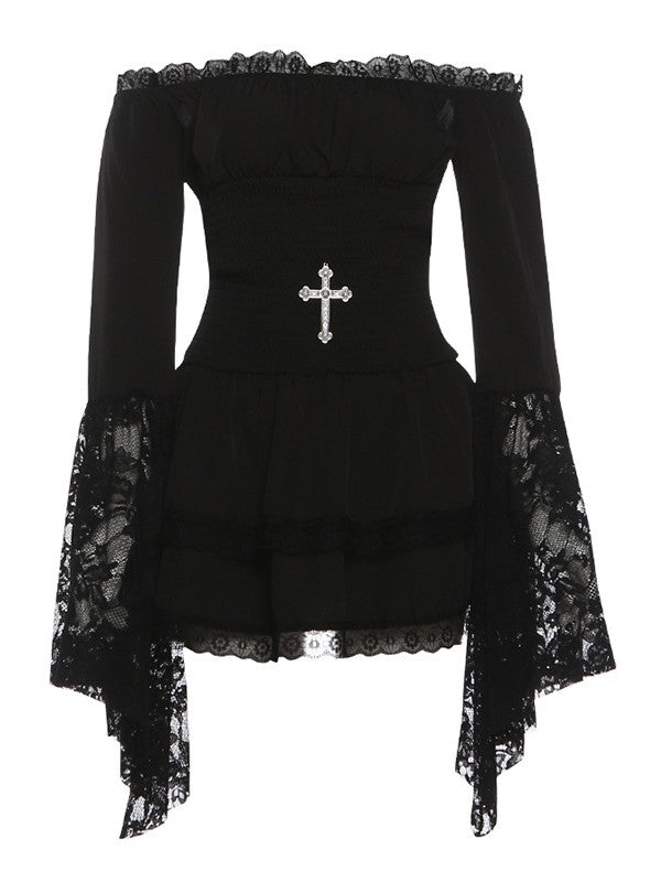 'Nocturne Lace' Goth Lace-Trim Off-Shoulder Dress AlielNosirrah