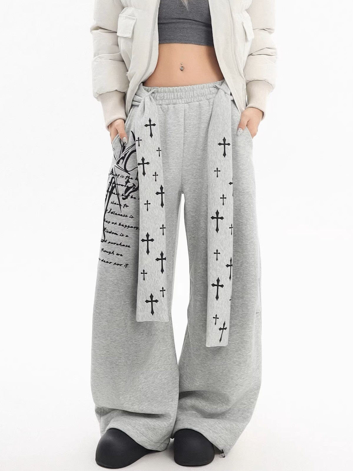'Crosswalk' Street-Style Cross Print Casual Fleece Pants AlielNosirrah