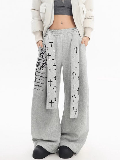 'Crosswalk' Street-Style Cross Print Casual Fleece Pants AlielNosirrah