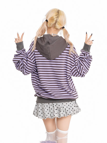 'Melody Stripes' Oversized Retro Y2K  Asymmetrical Zipper Striped Hoodie AlielNosirrah