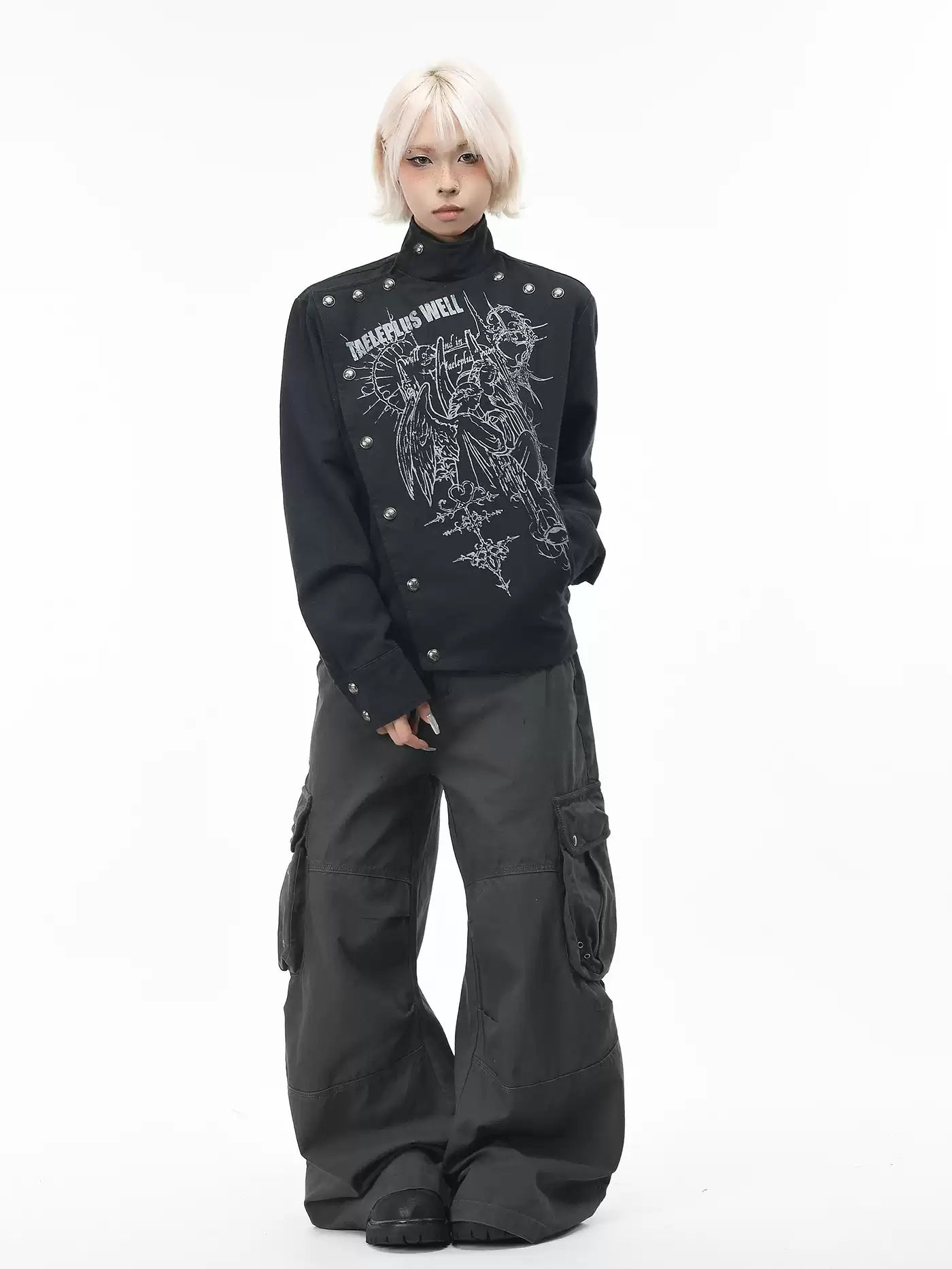 'Clasp Rock' Dark Rock Graphic Print Metal Buckle Cropped Jacket