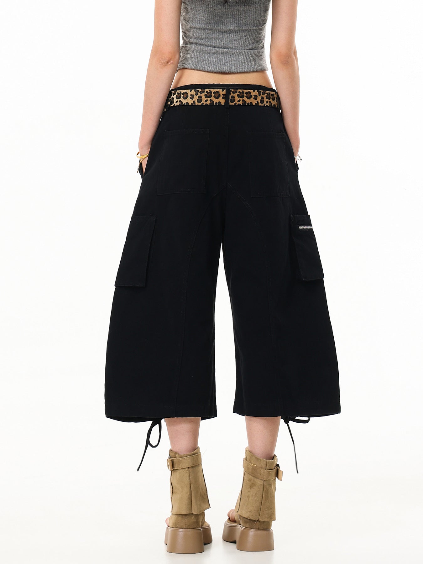 'Hype Tie' High Street Strap Design Wide Leg Cargo Capri Pants
