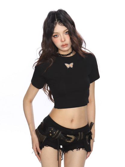 'Summer Butterfly' Backless Butterfly Shoulder Slim Crop T-Shirt AlielNosirrah