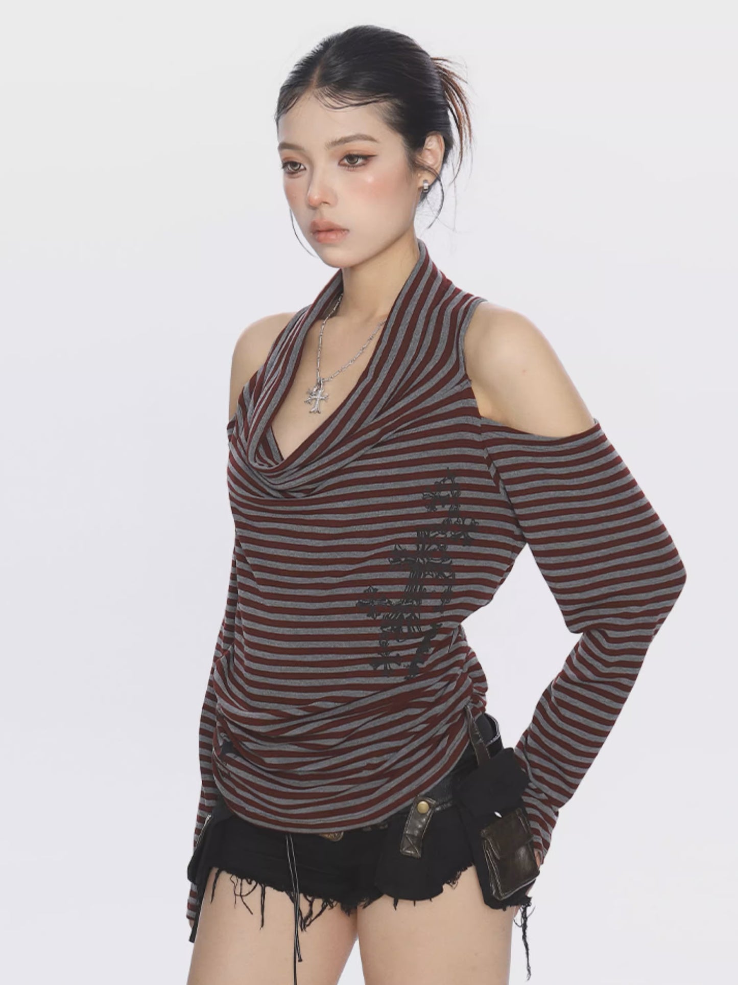 ’Sway & Style' Cross-Strap Off-Shoulder Long Sleeve Tee AlielNosirrah