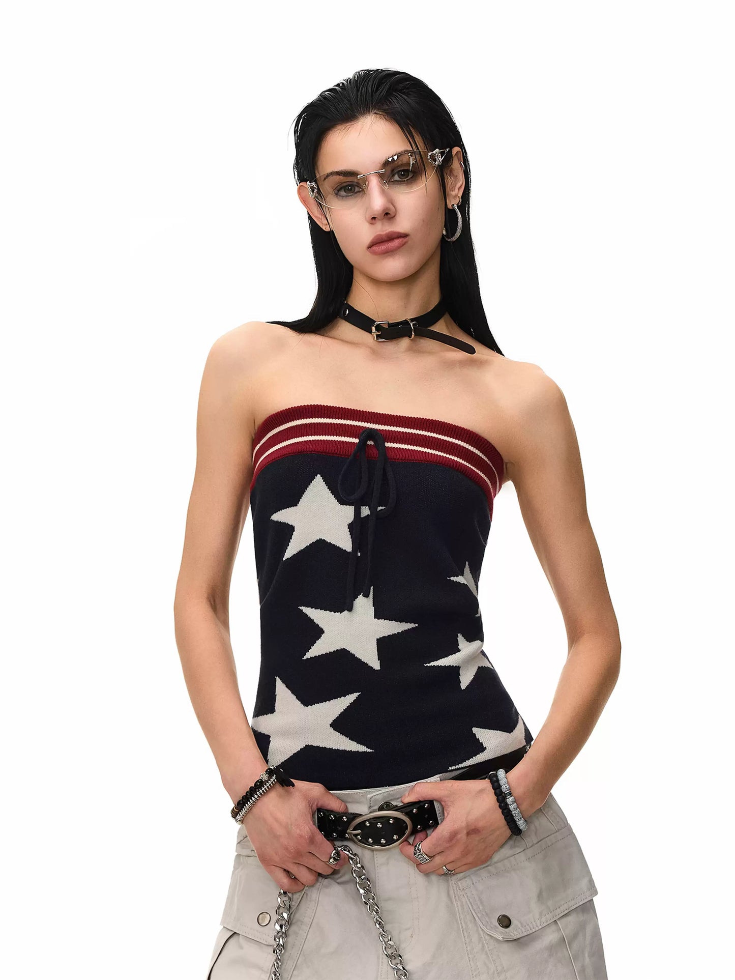 'Disco Star' Star Patchwork Knitted Striped Tube Top AlielNosirrah