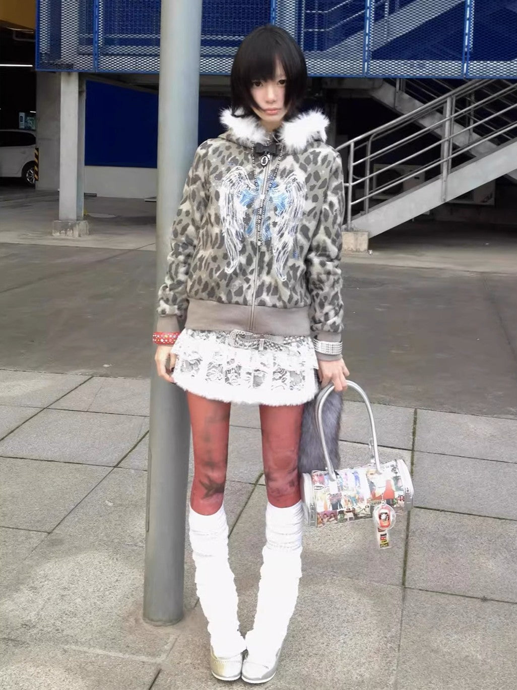 'Snow Angel' Detachable Fur Collar Leopard Print Zip-Up Hoodie (Copy) AlielNosirrah