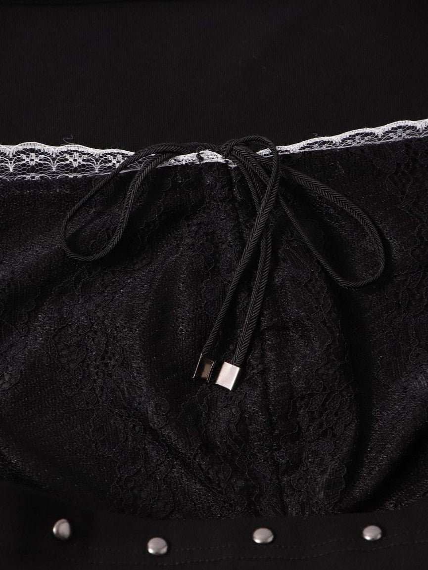 ’Kiss Chain' Faux-Layered Lace Trim Chain-Print Slim Fit Long Sleeve Top AlielNosirrah