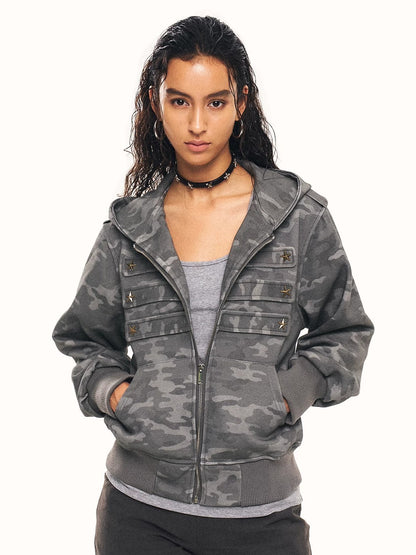 'Star Relic' Retro Distressed Star‑Shaped Buckles Camouflage Hooded