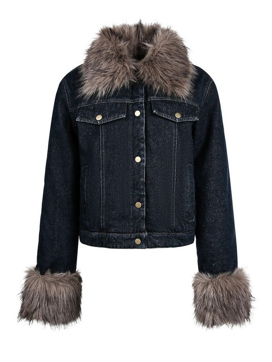'Blue Haven' Vintage Fur-Collar Cropped Denim Puffer Jacket AlielNosirrah