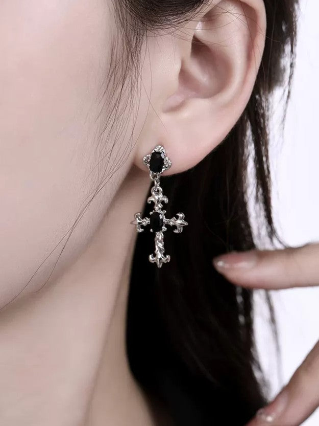 'Obsidian Faith' Gothic Black Stone Cross Pendants Earrings
