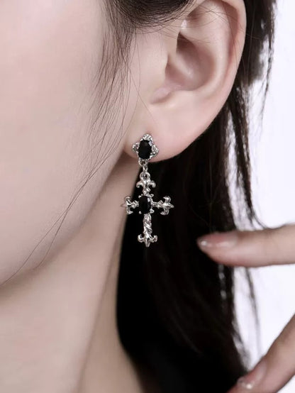 'Obsidian Faith' Gothic Black Stone Cross Pendants Earrings