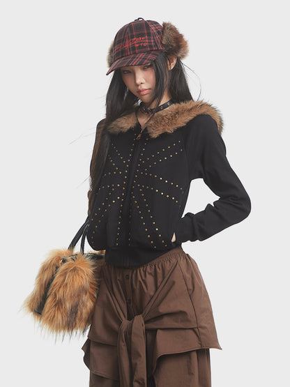 'Urban Stud' Fur Collar Studded Detailing Fleece Hoodie (Copy) AlielNosirrah