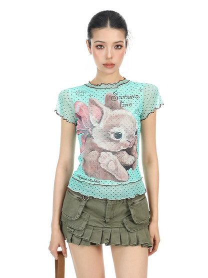 'Bunny Dream' Sweet Polka Dot Bunny Mesh Short Sleeve Top (Copy) AlielNosirrah