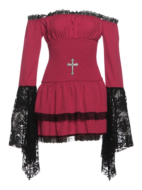 'Nocturne Lace' Goth Lace-Trim Off-Shoulder Dress AlielNosirrah