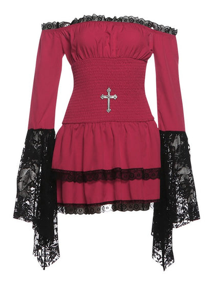 'Nocturne Lace' Goth Lace-Trim Off-Shoulder Dress AlielNosirrah