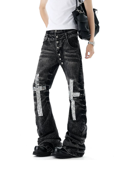 'CrossDazzle' Vintage Cross Rhinestone Long Jeans