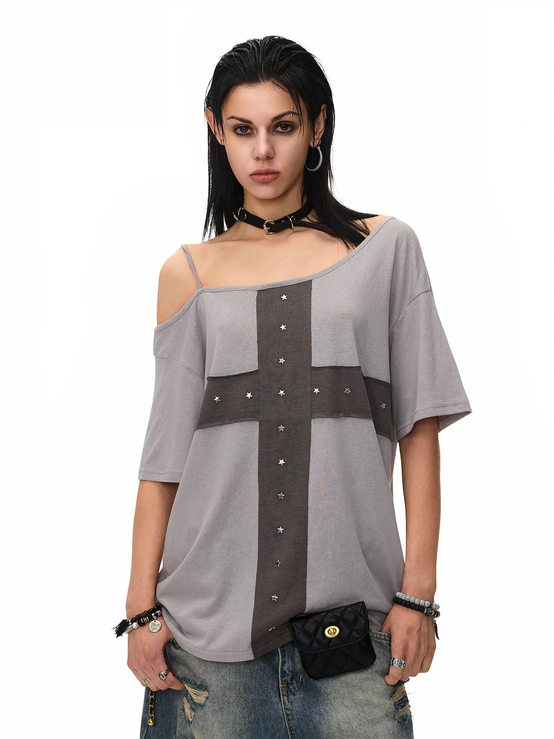 'Crossfire' Patchwork Cross Star Studded Off-Shoulder Top AlielNosirrah