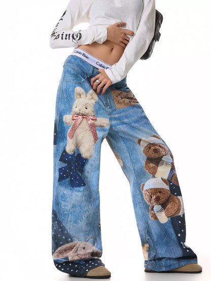'Fuzzy Friends' Streetstyle Oversized Cute Animals Print Straight-Leg Jeans (Copy) AlielNosirrah