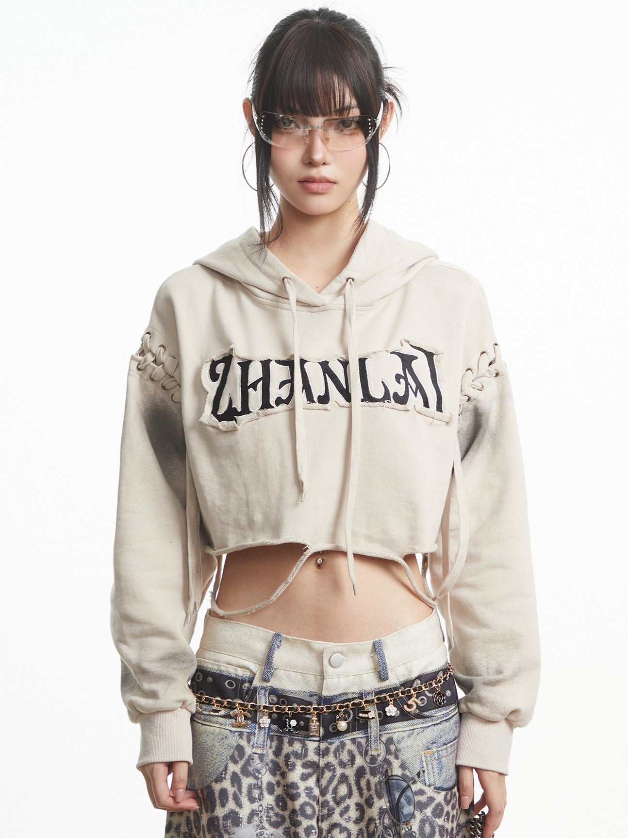 'Feral Cat' Cropped Print Drawstring Spicy Street Hoodie (Copy) AlielNosirrah