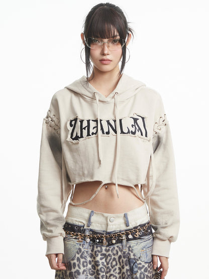 'Feral Cat' Cropped Print Drawstring Spicy Street Hoodie (Copy) AlielNosirrah