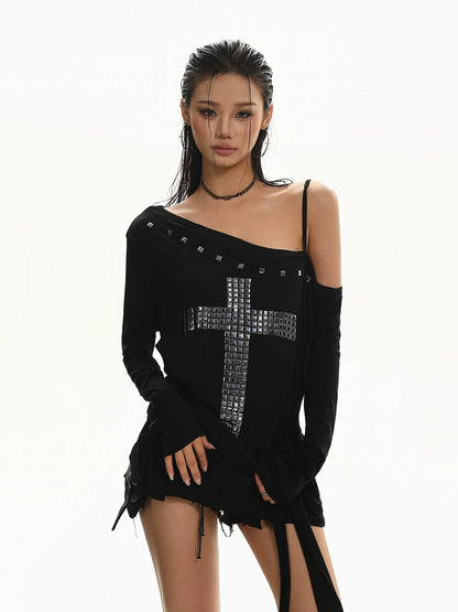 'CrossSlant' Cross Rivet Asymmetric Off Shoulder Long Sleeve