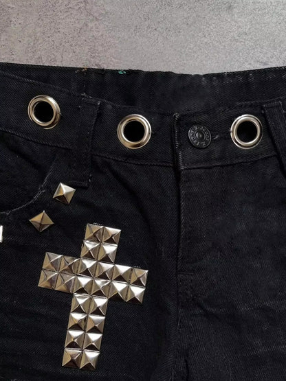 'Darkpulse' Y2K Gothic Cross Rhinestone Shorts AlielNosirrah