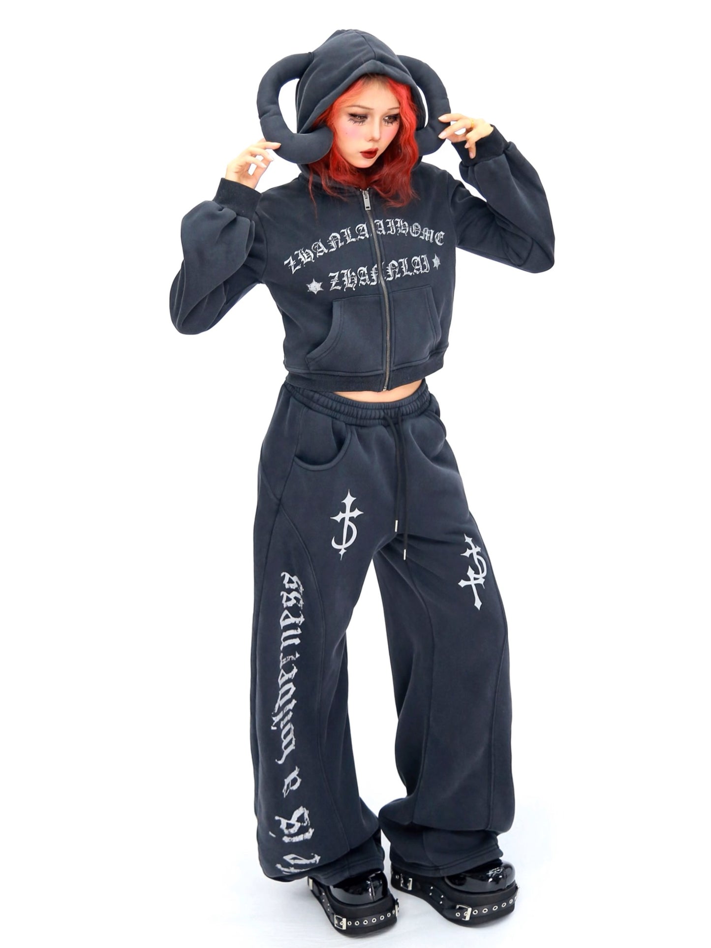 ’Wild Horned' Demon Horn Cropped Hoodie + Wide-Leg Pants Set AlielNosirrah