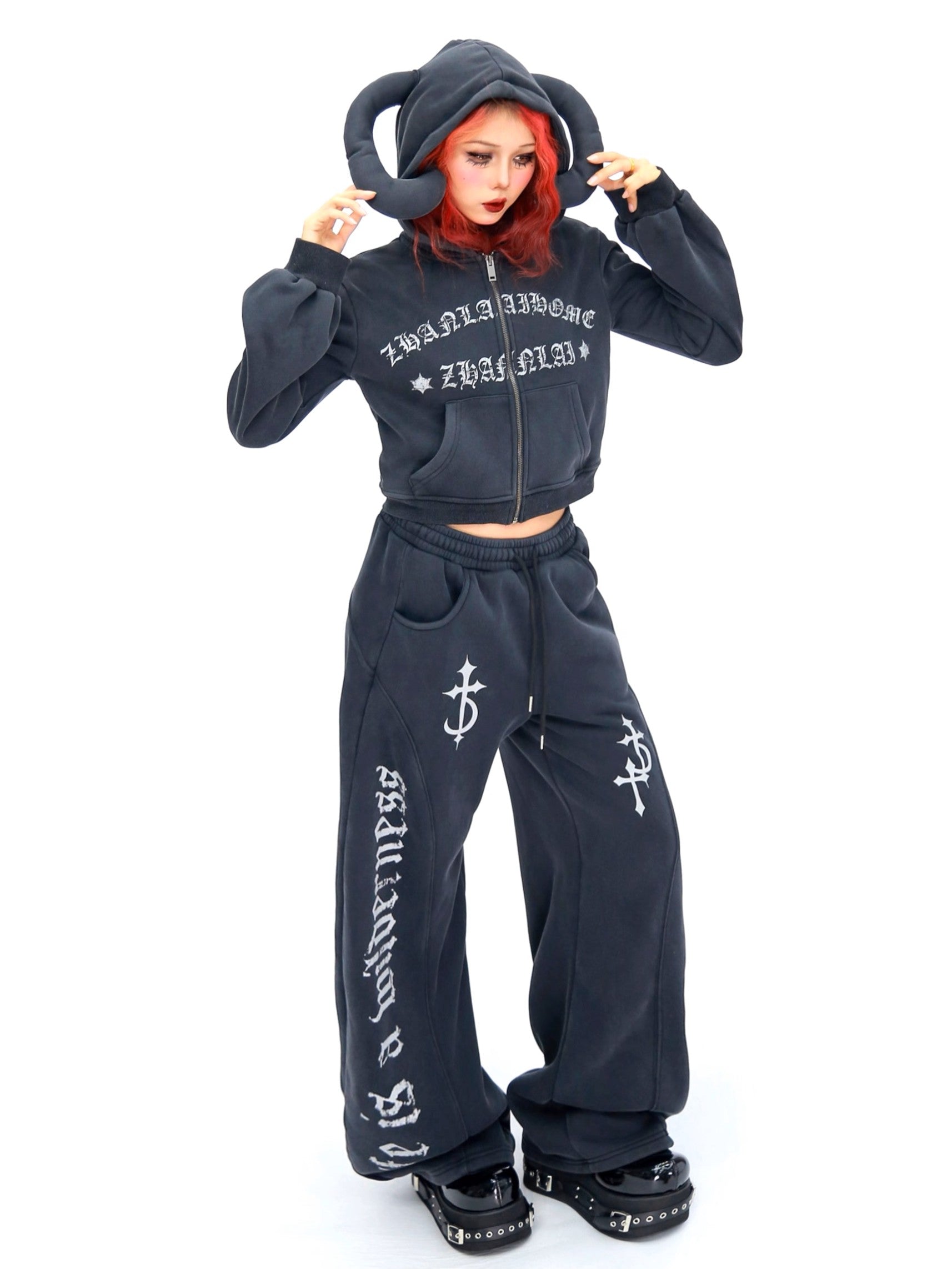 ’Wild Horned' Demon Horn Cropped Hoodie + Wide-Leg Pants Set AlielNosirrah