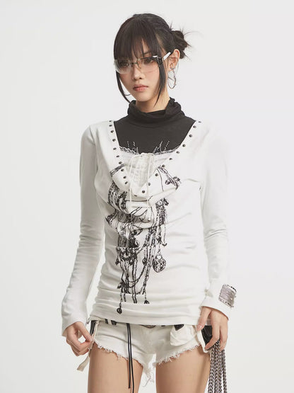 ’Kiss Chain' Faux-Layered Lace Trim Chain-Print Slim Fit Long Sleeve Top AlielNosirrah