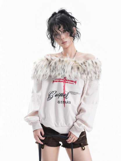 'Frost Kiss' Retro Glam Off-Shoulder Fur Trim Sweatshirt (Copy) AlielNosirrah