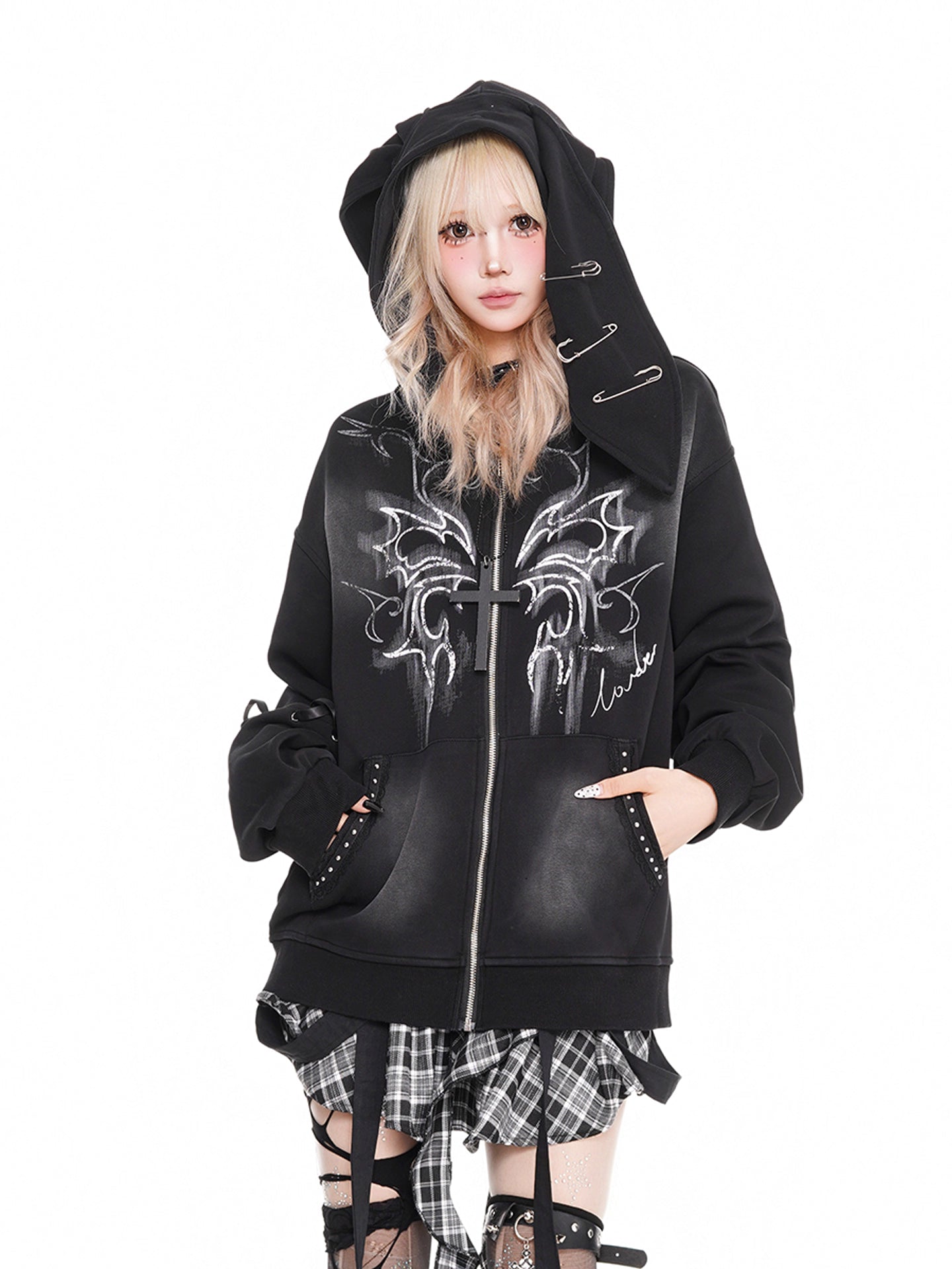 'Pin-Up Bunny' Retro Babe Bunny-Ear Zipped Oversized  Hoodie (Copy) AlielNosirrah