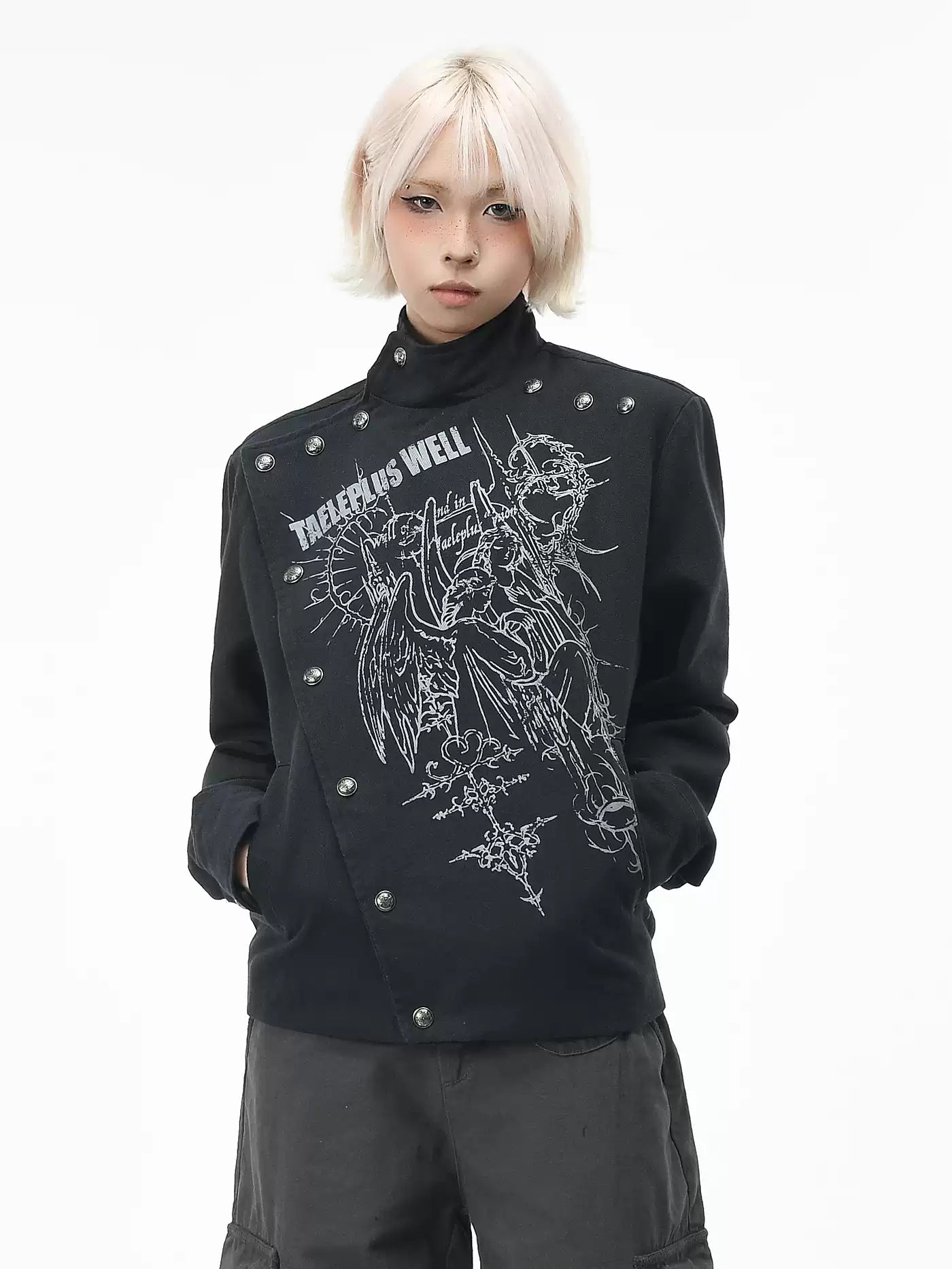 'Clasp Rock' Dark Rock Graphic Print Metal Buckle Cropped Jacket