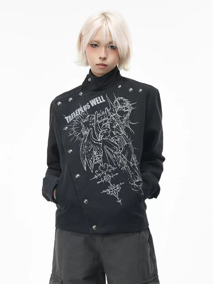 'Clasp Rock' Dark Rock Graphic Print Metal Buckle Cropped Jacket