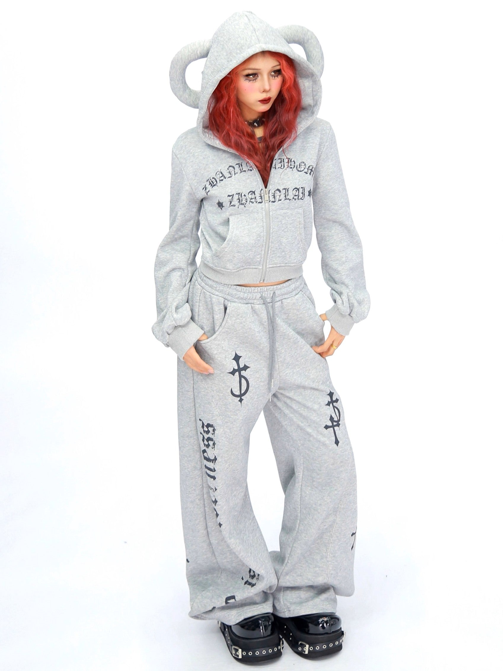 ’Wild Horned' Demon Horn Cropped Hoodie + Wide-Leg Pants Set AlielNosirrah