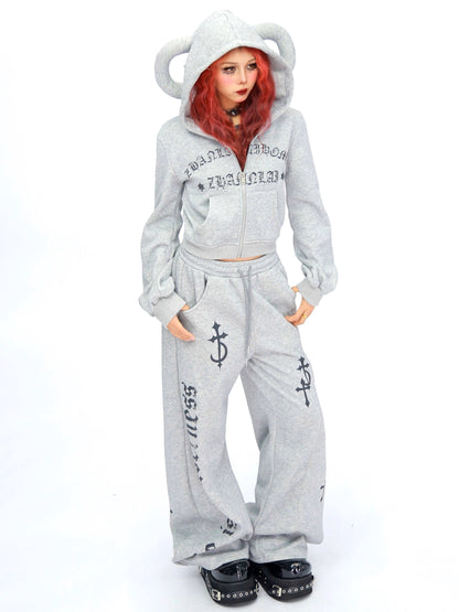 ’Wild Horned' Demon Horn Cropped Hoodie + Wide-Leg Pants Set AlielNosirrah