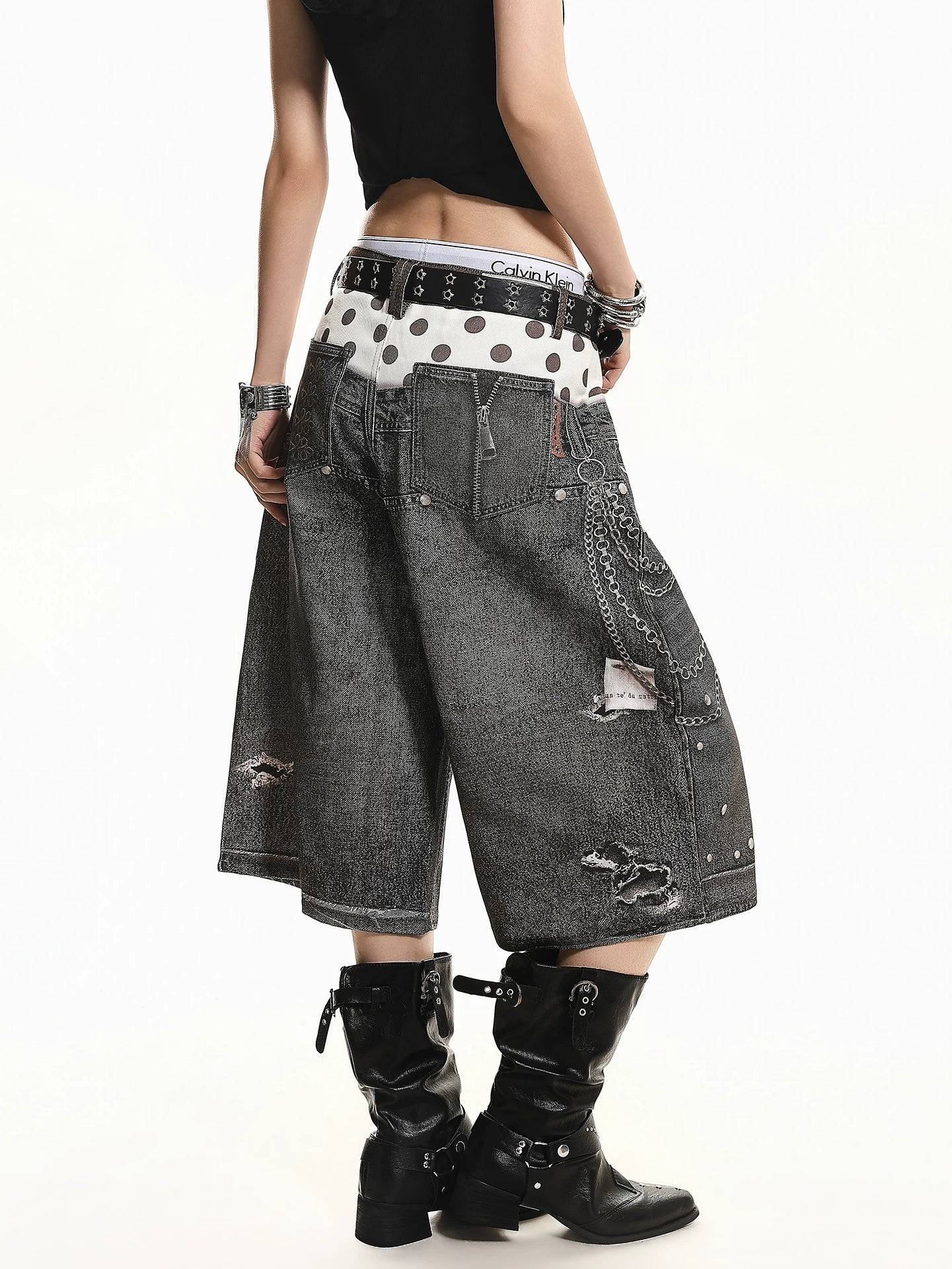 'Star Bloom' Vintage Washed Double Waist Graphic Capri Denim Pants AlielNosirrah